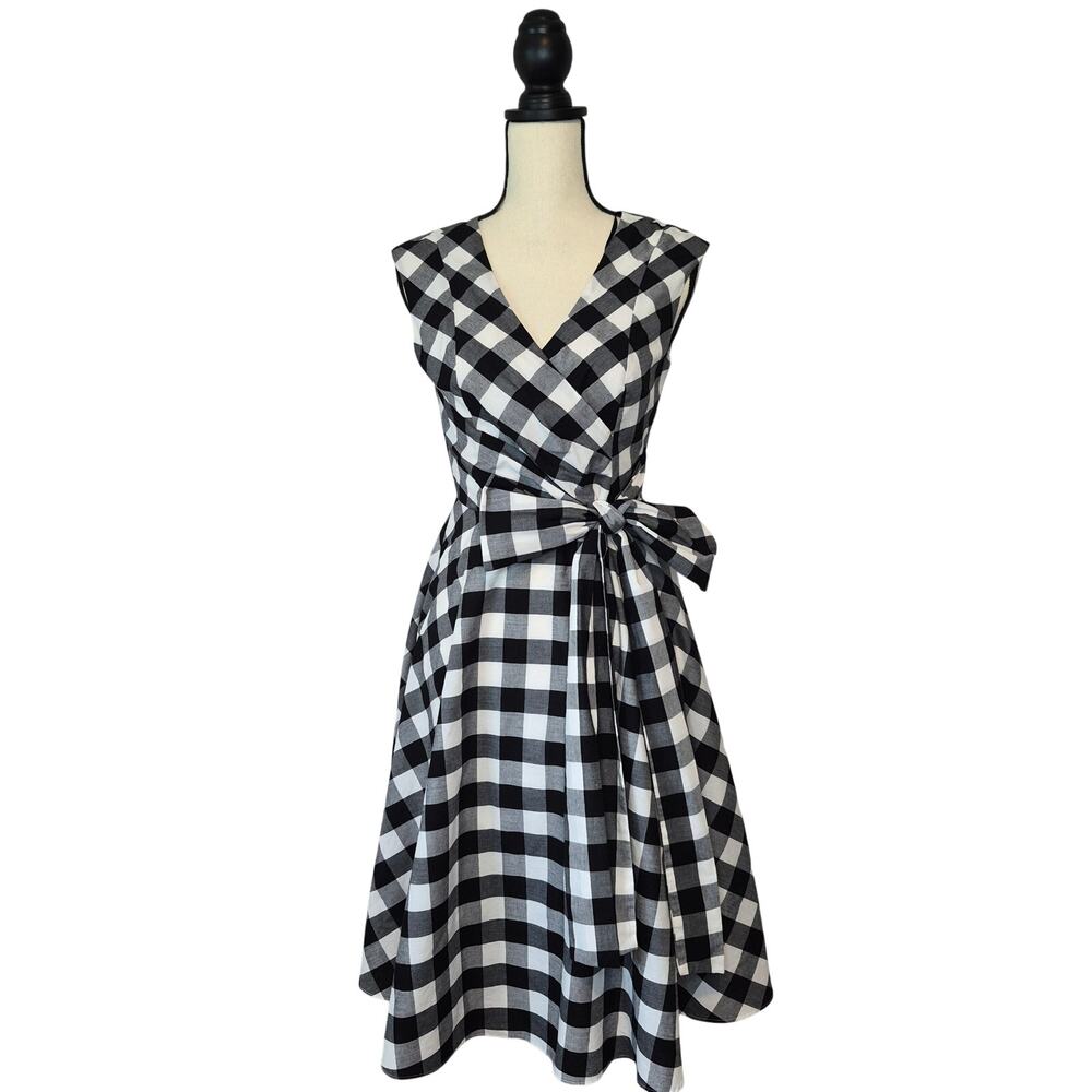 Calvin Klein Buffalo Check Gingham Fit Flare Faux Wrap Dress Bow Rockabilly Sz 4